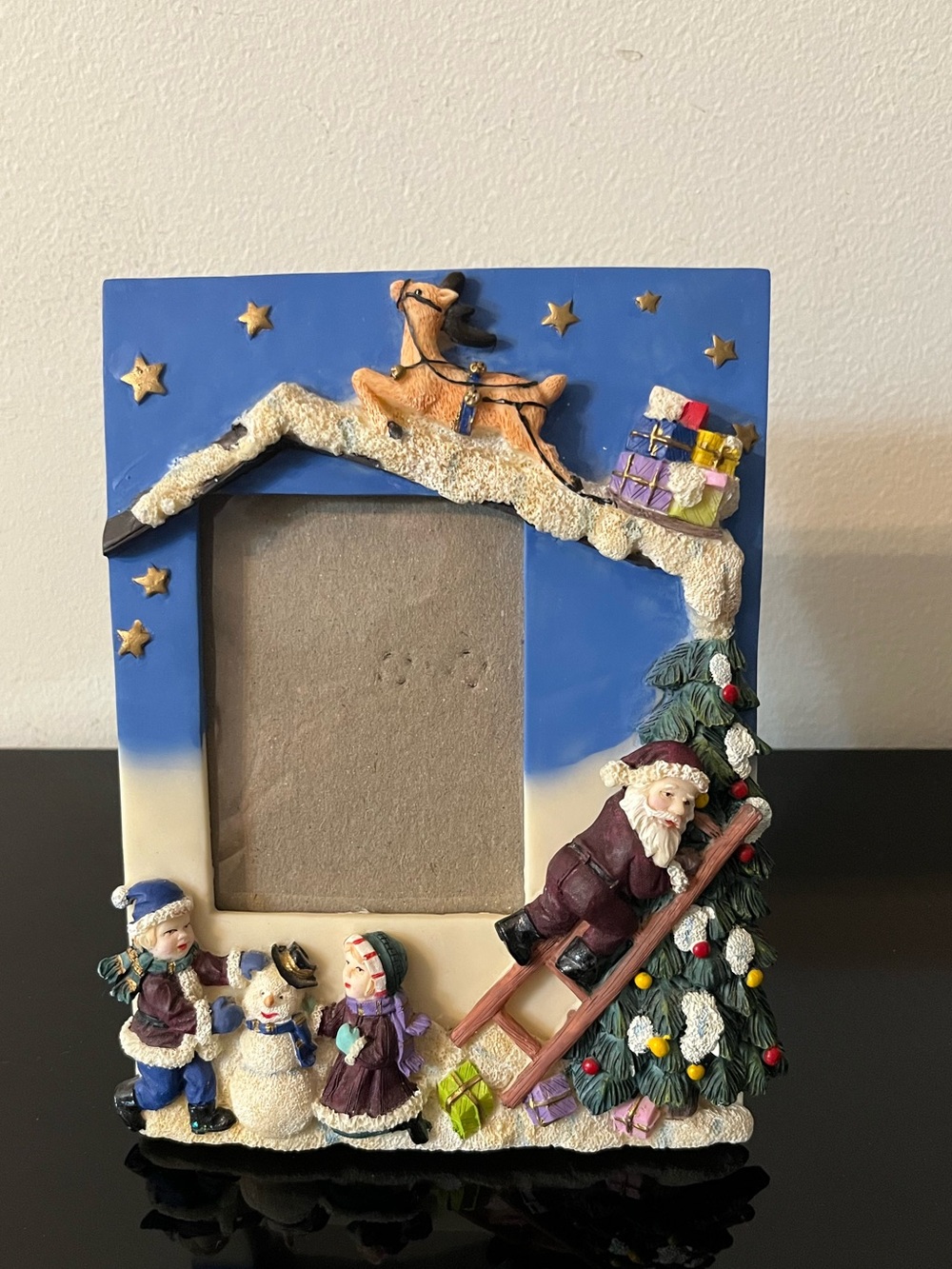 Vintage 3D Christmas Picture Frame Santa Claus Reindeers Snowman Children